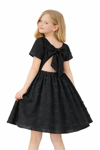 Image of HILEELANG Girls Summer Dress Bow Tie Back A-Line Party Dress for Little Big Girls Short Sleeve Dress with Lining 6-12 Years