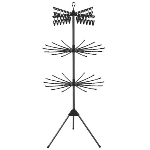 COSTWAY Foldable Clothes Drying Rack, 3-Tier Clothes Airer Dryer Horse with 24 Clips, 32 Hanging Rods and Rotatable Arms, 178cm Freestanding Tripod Laundry Towel Rack Hanger for Indoor Outdoor