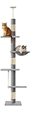 Cat Tree 5-Tier Floor to Ceiling Cat Tower with Cozy Hammock, Sisal Cat Scratching Post, 89-109 Inch Adjustable Height, Grey