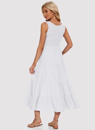 Image of Women's Summer Smocked Maxi Dresses Sleeveless U Neck Ruffle Hem Tiered A Line Flowy Dress