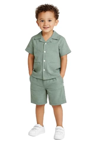 Image of DKNY Toddler Boys Short Set - 2 Piece Cabana Short Sleeve Button Down Shirt and Matching Toddler Shorts for Boys