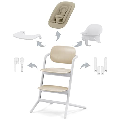 CYBEX Gold LEMO Hochstuhl 4in1-Set, Mitwachsend, 0 - 99 Jahre, Ab Geburt, Inkl. Bouncer Nest, Baby-Set, Snack Tray, Neugeboreneneinlage und Adapter-Set, Buchenholz/Aluminium/Kunststoff, Sand White