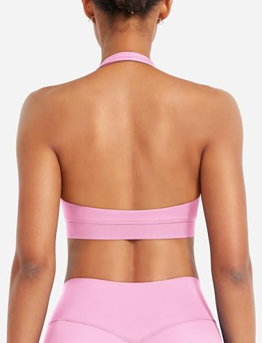 Image of YEOREO CoreFlex Women Halter Sports Bra Workout Seamless Padded Basic Bra Open Back Yoga Gym Crop Top