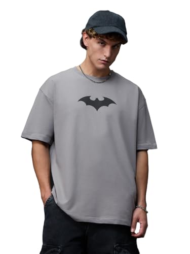 Image of The Souled Store Batman: to The Rescue Men and Boys Short Sleeves Round Neck Grey Graphic Printed Cotton Oversized T-Shirts