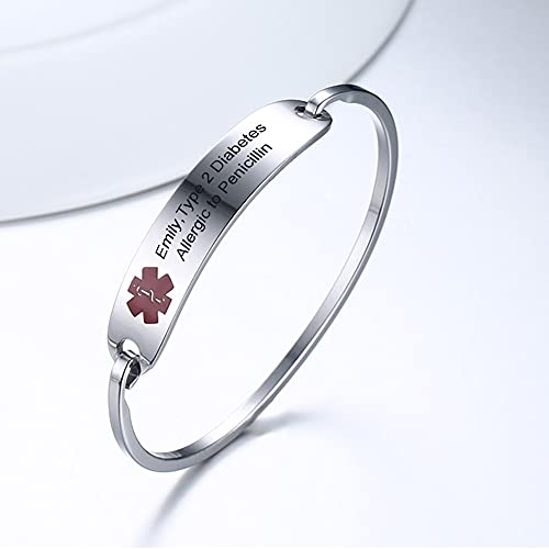VNOX Medical Bracelet for Women-Stainless Steel Emergency Medical Alert ID Bangle Bracelet,Free Engraving4