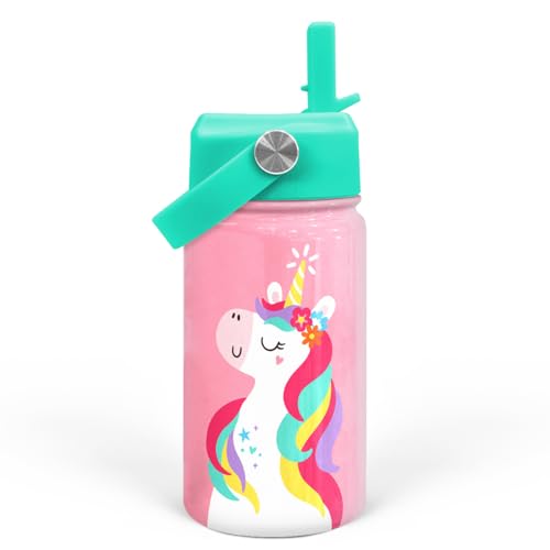 Image of SANDJEST Unicorn Water Bottle - Kids Water Bottle with Straw Lid - 12 Oz Insulated Stainless Steel Water Bottles for Kid Girls - Travel Cup for School Sports