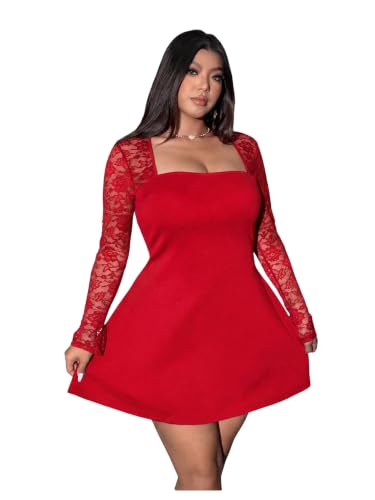 Image of Floerns Women's Plus Size Lace Sheer Long Sleeve Square Neck Mini Dresses | A Line, Curvy, Flare, Birthday, Night Out, Party, Wedding Guest, Formal, Mini Dress