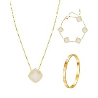 Yotlein 3 Pezzi Four Leaf Clover Jewellery Set, Placcati Oro 18 Carati, Bracciale Don-na Oro con Zirconi Cubici da Donna, Bracciale con Trifoglio Fortunato da Donna, Regalo per Donne e Ragazze