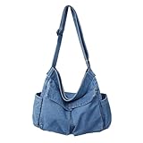 JARKJARD Canvas Messenger Denim Shoulder Bag for Women Men Hobo Crossbody Tote with Multiple Pockets Casual Retro Handbag Large Capacity Purse(Light Blue)