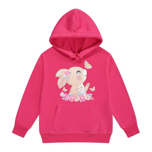 Generisch Sudaderas con capucha y sudaderas para niñas, bonito jersey con estampado de conejito para niños pequeños, ropa de abrigo informal, chaqueta de forro polar cálido para invierno, Rosa intenso