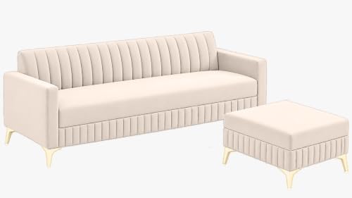 Image of AMATA Falcon 4 Seater L Shape Suede Velvet Fabric Cream Colour Sofa Set with Two Cushions Perfect for Home Office Guests Living Room (Falcon Cream, Falcon 4 Seater l Shape)(3 Year Warranty)