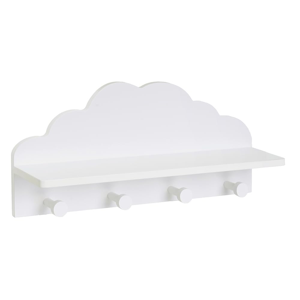 LOLAhome Perchero de pared infantil diseño nube con estante blanco de 48 cm con 4 ganchos