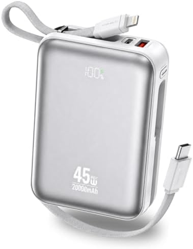 Carregador Portátil 20000mAh, Mini Power Bank com Cabos Integrado...
