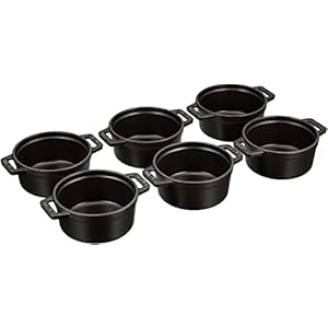 Staub Cast Iron Mini Cocotte Set of 6 Without Lid, 0.25 qt, 8.5 oz Black Small Dutch Oven, Enamelled and Double Handed Round Cocotte for all Stovetops