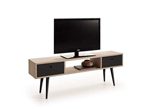 HOGAR24 ES Mueble TV Madera Roble Natural Chapado diseño Vintage, Mesa Baja TV con cajones, Color Roble-Negro. Medidas; 140 x 30 x 48 cm…