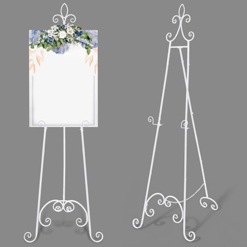 Tosstuki White Easel Stand for Sign Adjustable Wedding Welcome Sign Stand Metal Floor Easel with Chain Support for Wedding Poster Photo Art Pictures Painting Display (61 Inch)