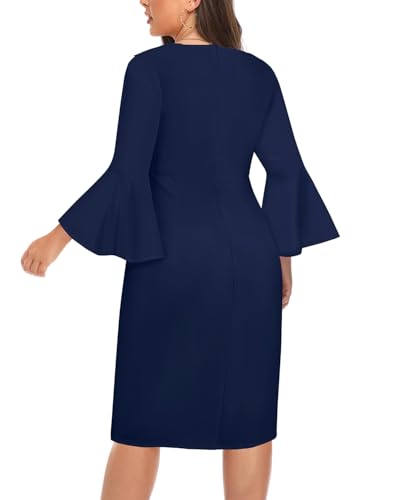 Women Plus Size Work Dress - Semi Formal Wedding Guest Church Business Office Interview V Neck Bell Sleeve Dress4