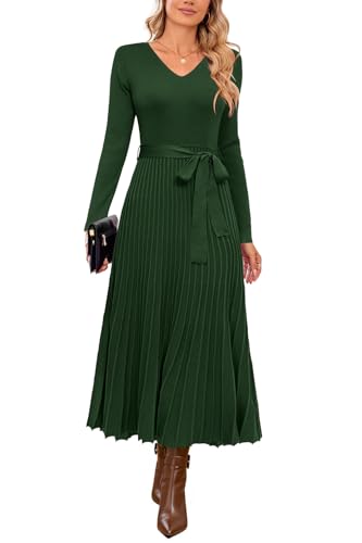 Arach&Cloz Strickkleid Damen Herbst Winterkleid Lang Plissee V-Ausschnitt Langarm Pulloverkleid Elegant Midi Kleider Winter