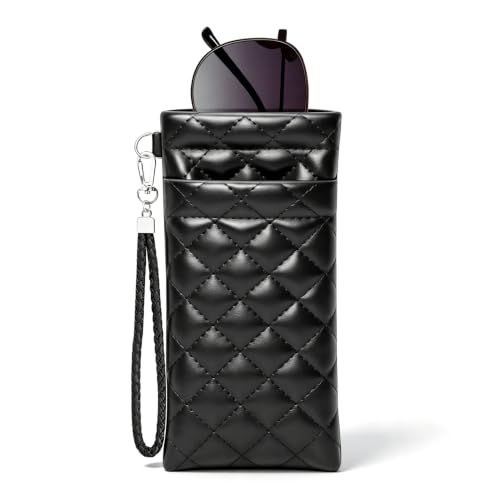 Image of Double Eyeglass Case Squeeze Top Glasses Pouch, Leather Soft Sunglasses Case with Carrying Strap