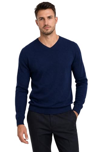 Cashmeren Mens Essential Knit V-Neck Sweater 100% Merino Wool Long Sleeve Classic Pullover (Navy Medium)