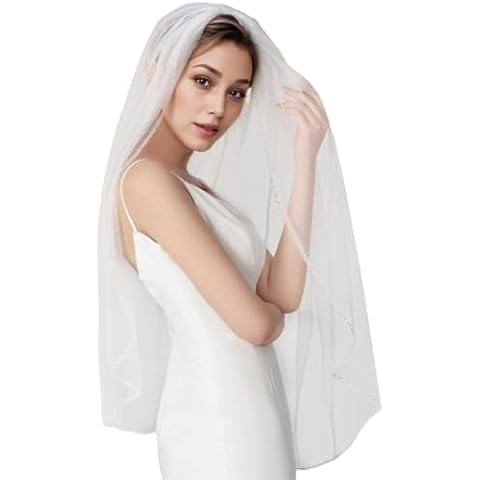 GAODESI Bridal Veil with Comb Pearls and Rhinestones Beaded Edge 1 Tier Fingertip Length Wedding Veil Cover