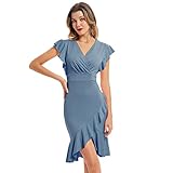【Características】Vestidos midi ajustados para mujer con cuello en V ajustado/mangas onduladas/cola de pez/cintura alta/suaves y cómodos/color sólido/elástico/estilo simple/sexy/bien cosido/agradable a la piel.