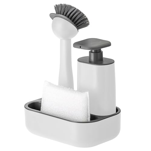Vigar - Set Fregadero - Con Cepillo, Esponja y Dispensador de Jabón - 19 x 13 x 26.5 cm - Rengo - Dispensador de 200 ml - No Raya la Vajilla - Blanco