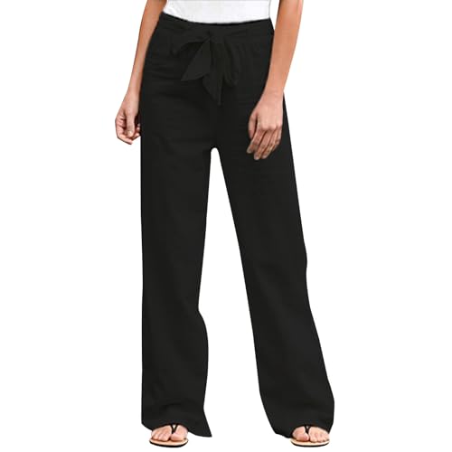 Geleglaer Womens Cotton Linen Pants Summer Casual Strappy Elastic Plus Size Pants Tie Front Solid Trousers with Pockets