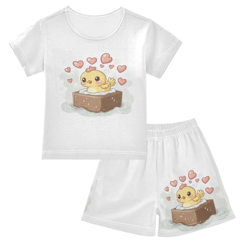 Chick Heart Valentine's Day Bath White Pajama Set Short Sleeve Summer Pajamas Sleepwear Nightwear Set Cotton 5Y
