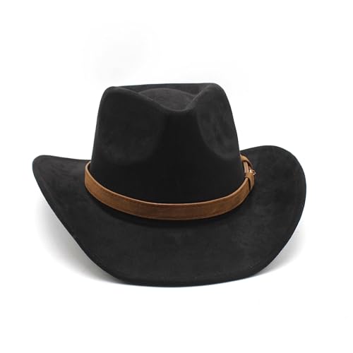 Image of Unisex Western Suede Cowboy Cowgirl Hat Classic Wide Brim Fedora Hat for Men &Women