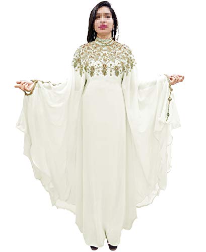 African Boutique Dubai Kaftan Abaya Jalabiya Maxi Gown Hand Work Golden Beaded African Dress - Ivory
