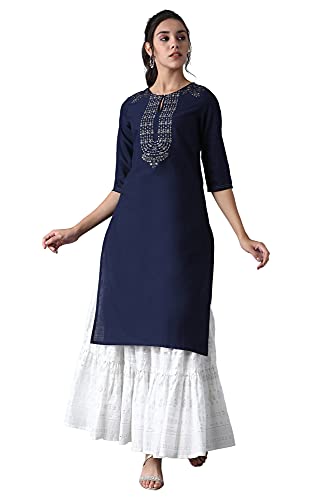 Image of W for Woman Women's Cotton Blend Relaxed Fit Casual Solid Modern Kurta with Embroidery On Yoke