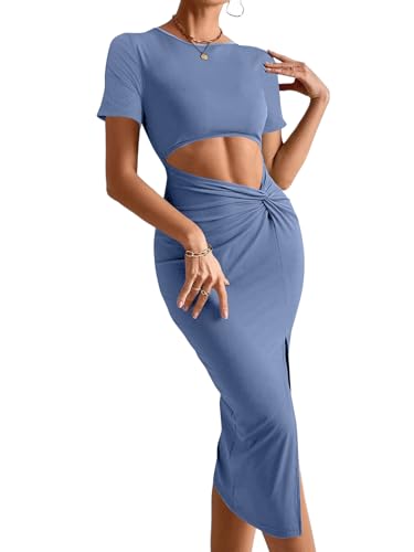 Image of Rooscier Women's Twist Cutout Waist Split Crewneck Short Sleeve Bodycon Midi Dress