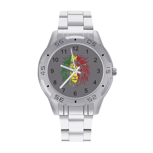 African Lion Rasta Jamaica Classic Wrist Watches for Men Casual Business Dress Watch with Stainless Steel Band Work Party