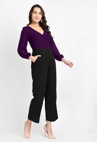 Image of V&M Women's Black V-Neck Jumpsuit | Full Sleeve Straight-Leg One-Piece with Side Pockets | Elegant Western for Office, Party & Evening Outfits