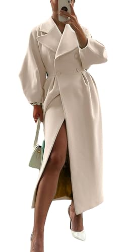 ZOCAVIA Women's Trench Coat Double Breasted Notch Lapel Pea Coats Business Casual Lantern Sleeve Maxi Long Wool Coat