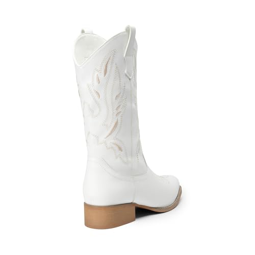 Image of DREAM PAIRS Women's Square Toe Cowboy Cowgirl Boots Pull On Low Chunky Heel Mid Calf Western Boots with Embroidered Stitched for Theme Party Country Concert