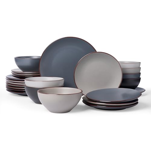 Image of Famiware Venus Plates and Bowls Sets, 24 Pieces Stoneware Speckled Dishes Dinnerware Set for 8, Assorted Colors - Microwave & Dishwasher Safe, Modern Minimalist, for Everyday Meals & Formal Dining