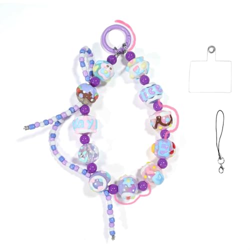 Phone Charm with 3D Handpainted Bead, Kawaii Hands-free Wrist Strap for Women Girl, Anti-lost Keychain, Cute Bag Charms Joyful Series- Purple Chocolate