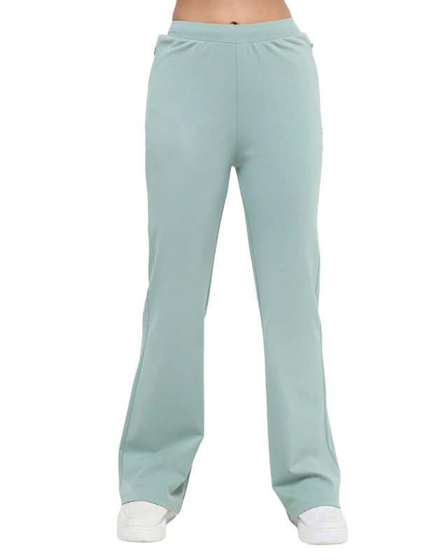 Image of HUNNIT Essential Flare Pants for Women with Zip Pockets | Mid Waist Solid Cotton Tapered Flare Pants | Bootcut Flared Trousers with Wide Elastic Waistband | Relaxed Fit Flared Trouser