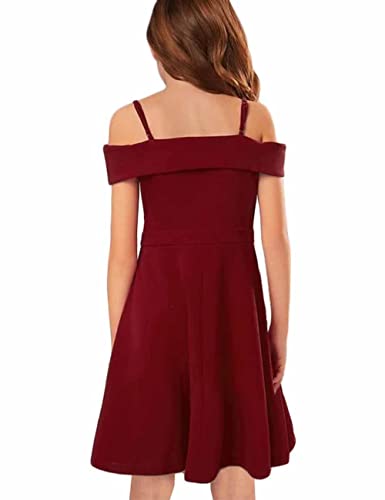 Girls Elegant Princess Cold Shoulder Fold Pleated High Waist Flared A Line Party Dresses,8-14 Years3