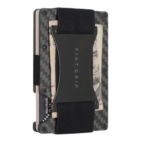 Slim Wallet for Men – Minimalist RFID Blocking Carbon Fiber Wallet with Cash Strap – Rugged, Stylish Design & Durable (Black)