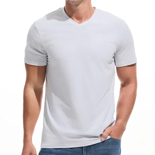 VEIISAR Herren V-Ausschnitt T-Shirt 190g/m Regular Fit einfarbig Stretch Material weiches Basic Shirt (V8 Weißgrau XL)
