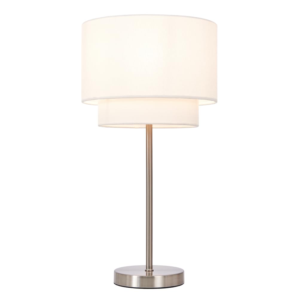 Litecraft Satin Chrome, White Jayne Table Lamp E27 Base With 2 Tier White Drum Shade - Satin Chrome