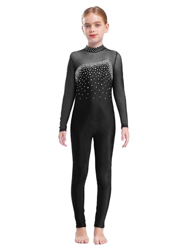 Miaeowve Kids Girls Sparkly Full Body Gymnastics Leotards Long Sleeve Unitard Catsuit Mesh Splice Dance Bodysuit Jumpsuit Black 9-10 Years
