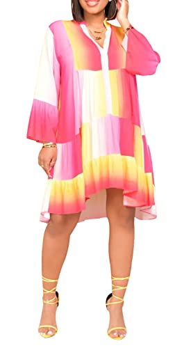 Image of FairyLove Women Wedding Ruffle Dresses Flowy Puffy with Deep V Neck Pleated Hem Lantern Long Sleeve Bell Sleeves