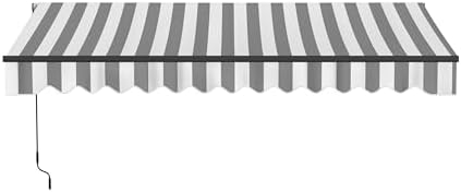 Aleko 13x10 feet Caribbean Style Electric Black Frame Awning, Remote Control Motorized & Manual Crank, Outdoor Shade Canopy with UV-Resistant Fabric - Seagull Gray & White Striped
