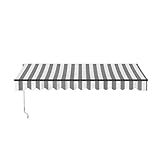Aleko 12x10 feet Caribbean Style Manual Black Frame Awning, UV-Protected Sunshade Canopy with Hand Crank and Durable Steel Frame for Deck, Porch, Backyard - Seagull Gray & White Striped