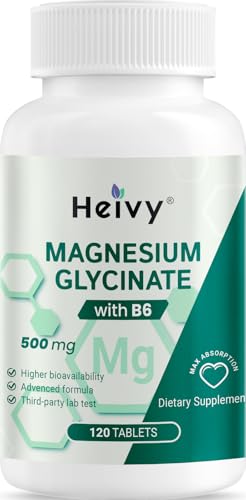 Heivy Pure Magnesium Glycinate 500mg with Vitamin B6, 100% Chelated & Purified Supports Nerve Relife, Sleep Aid & Muscle Support, Vegan & Non-GMO, Made in USA, 3rd Party Tested, 120 Tablets