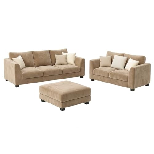 Image of SOCOZI Trevano 5 Seater Sofa Set with Ottoman (3 Seater + 2 Seater + Ottoman) | Soft Velvet Suede Fabric | Plush Comfort Cushions for Living Room (Beige)